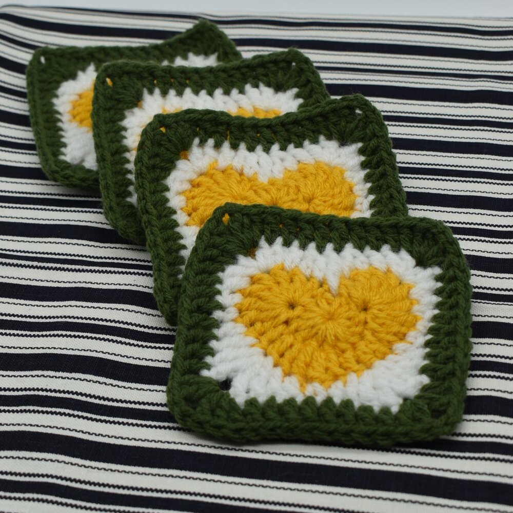 Hand Crafted Heart Coasters Crochet Valentines Day Granny Squares Set of Four